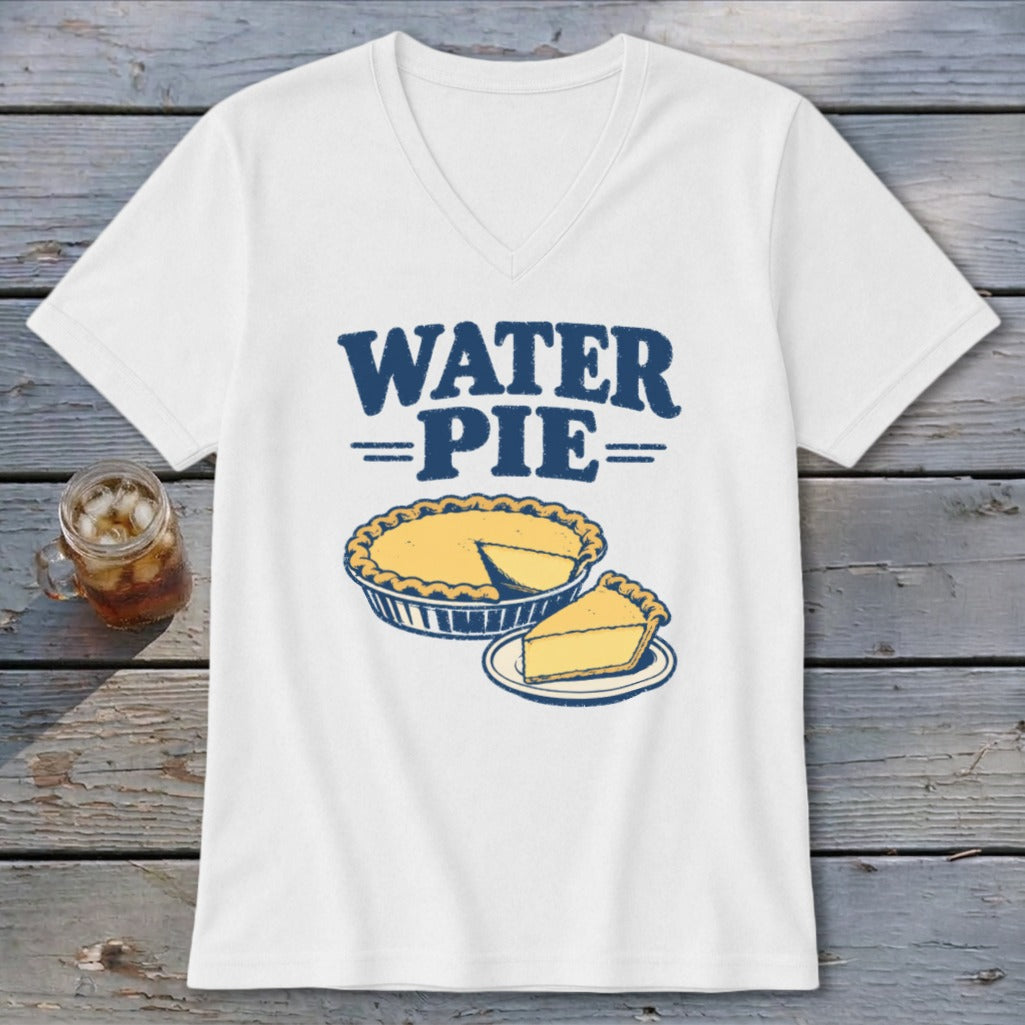 White t-shirt with "WATER PIE" text and a drawing of a pie.