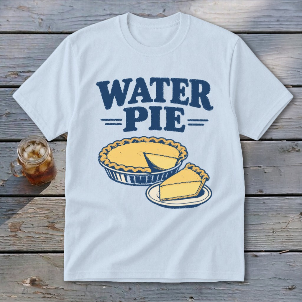 Light blue t-shirt with "WATER PIE" text and a pie graphic.