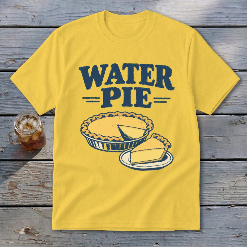 Yellow t-shirt with "WATER PIE" text and pie graphic.