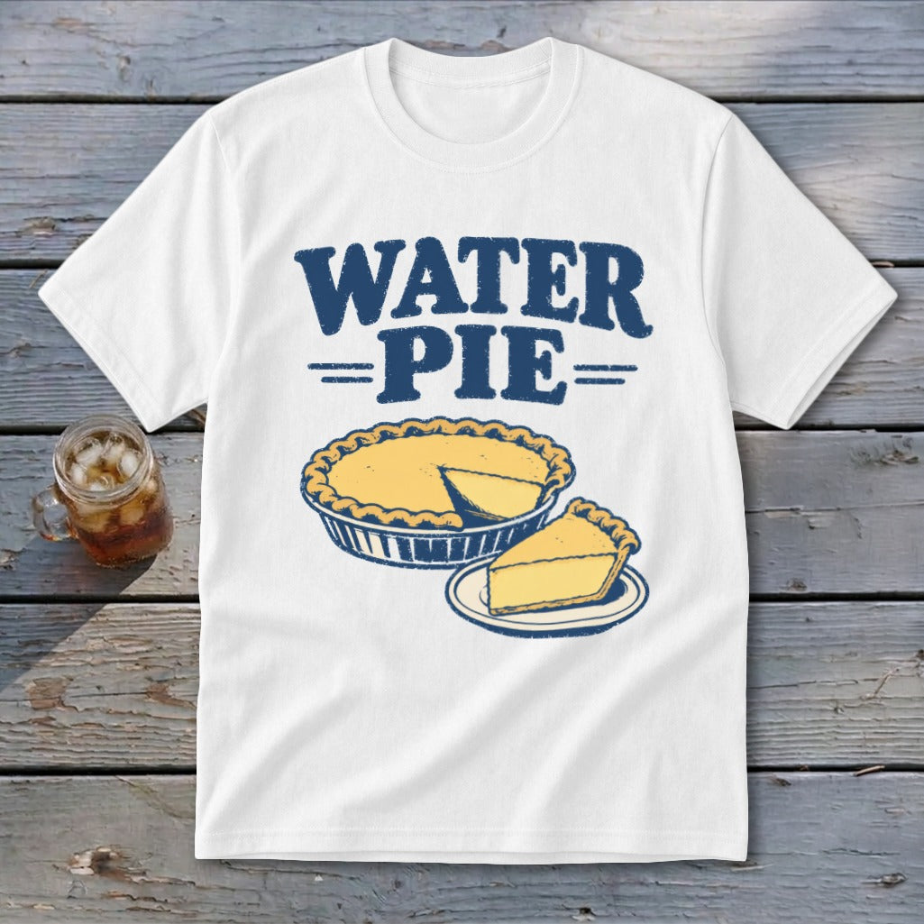 White t-shirt with "WATER PIE" text and an illustration of a pie with a slice.