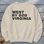 Cream sweatshirt with "WEST BY GOD VIRGINIA" printed in black.