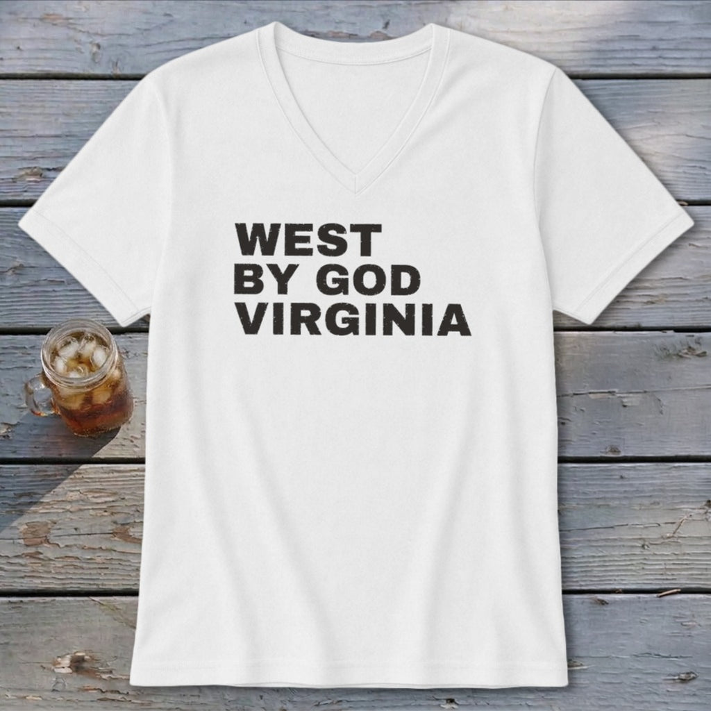 White v-neck t-shirt with black text "WEST BY GOD VIRGINIA".
