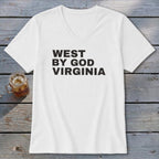 White v-neck t-shirt with black text "WEST BY GOD VIRGINIA".