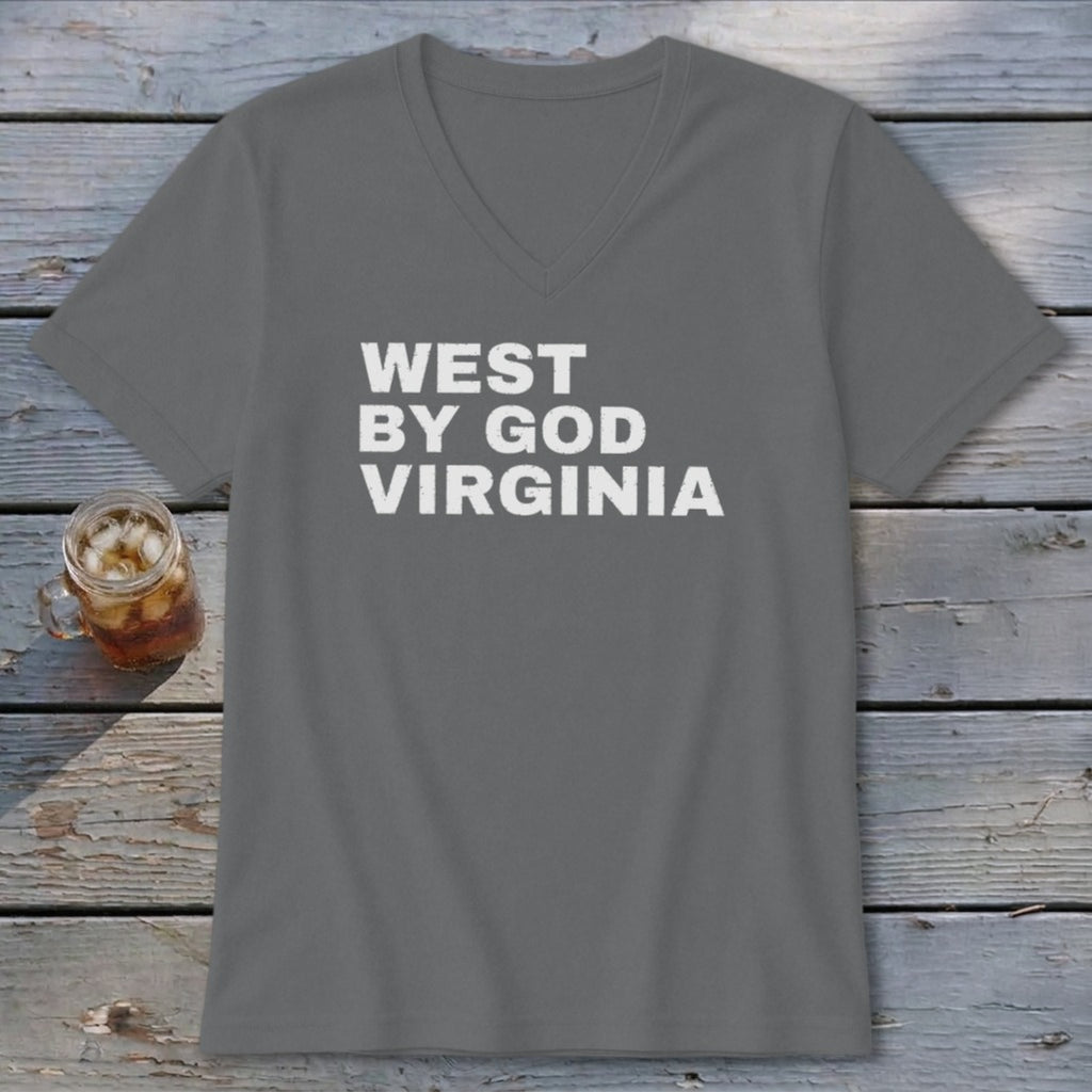 Grey v-neck t-shirt with white text "WEST BY GOD VIRGINIA".