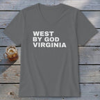 Grey v-neck t-shirt with white text "WEST BY GOD VIRGINIA".