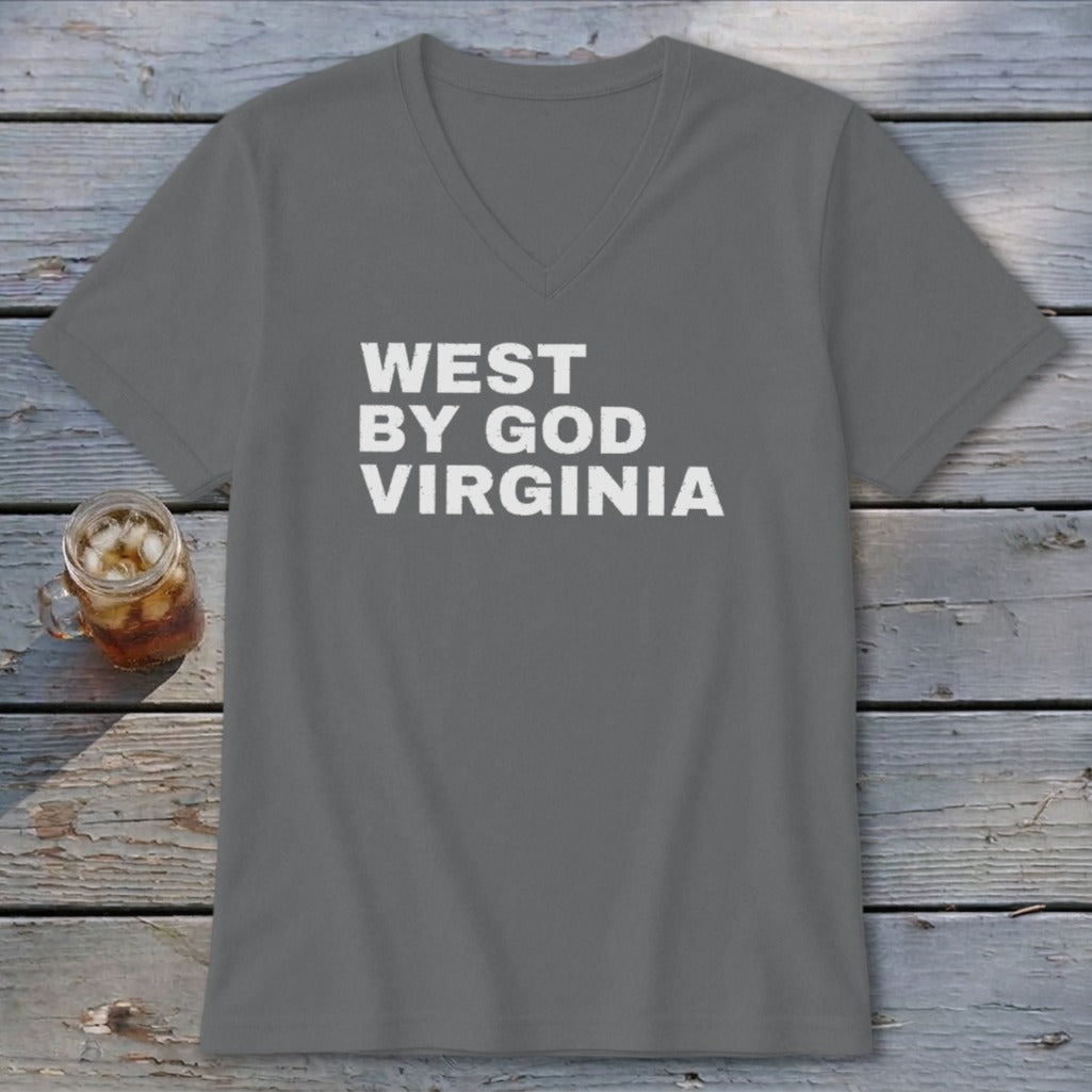 Grey v-neck t-shirt with white text "WEST BY GOD VIRGINIA".