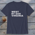 Navy v-neck t-shirt with "WEST BY GOD VIRGINIA" in white text.