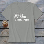 Grey v-neck t-shirt with white text "WEST BY GOD VIRGINIA".