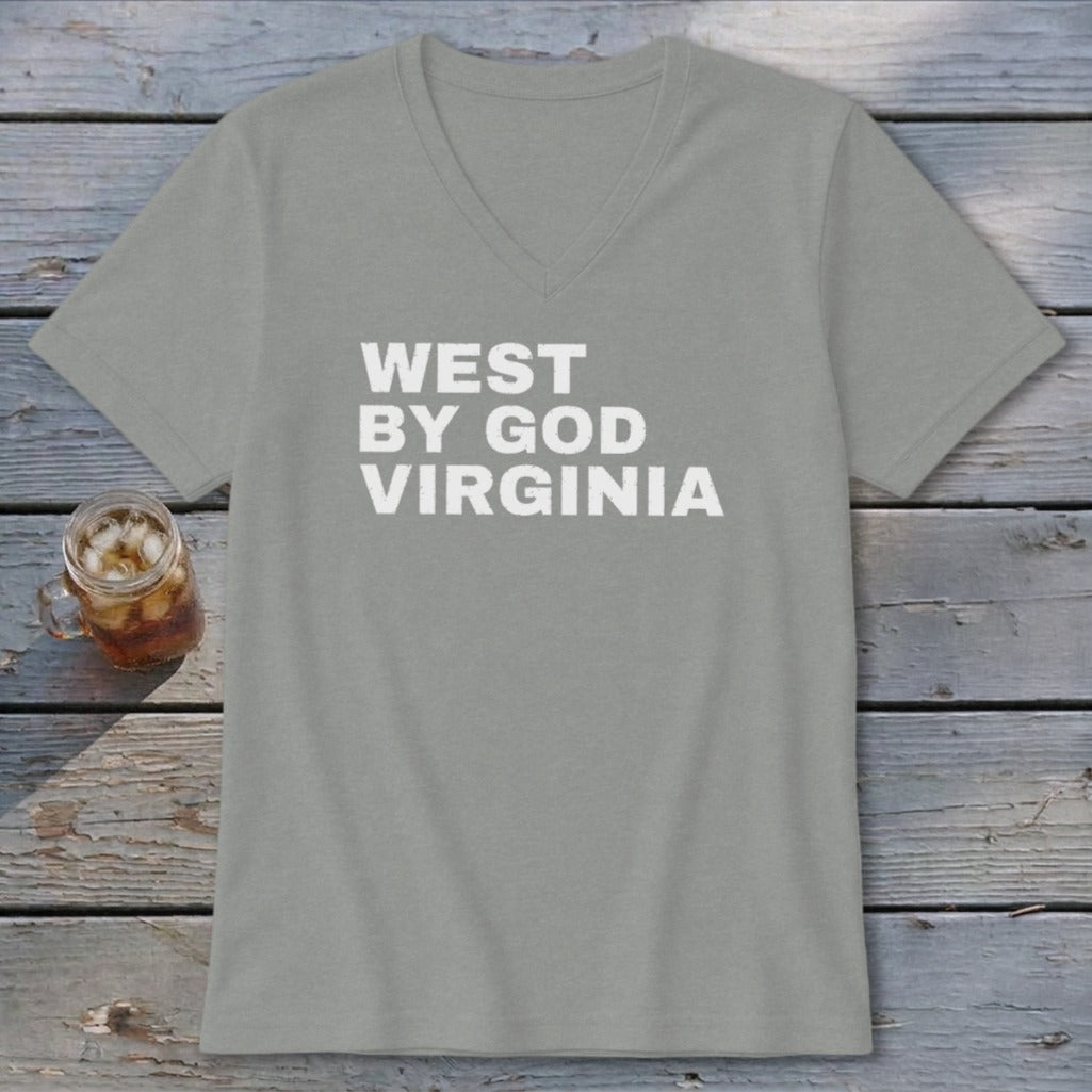 Grey v-neck t-shirt with white text "WEST BY GOD VIRGINIA".