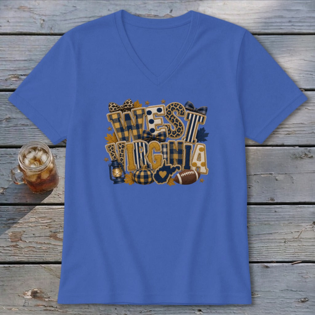 West Virginia Faux Chenille Fall Patch V-neck