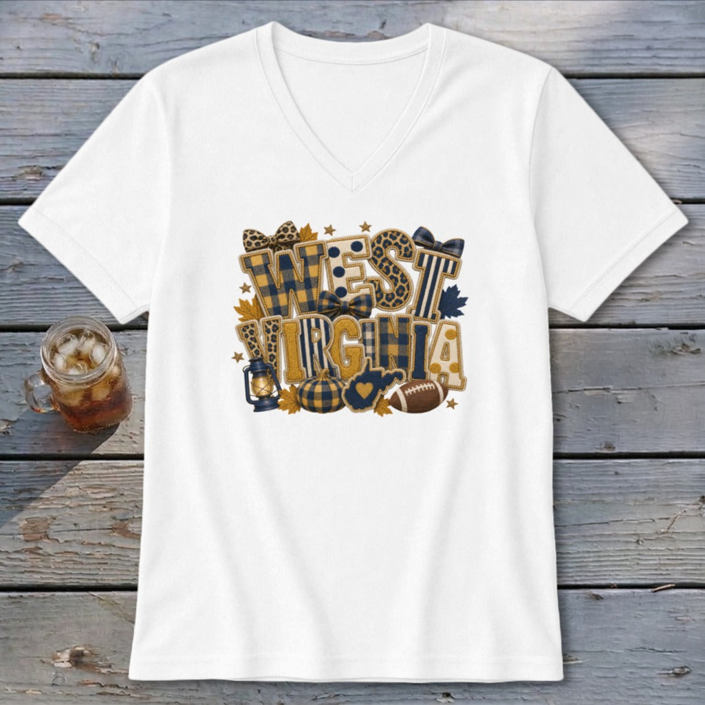 West Virginia Faux Chenille Fall Patch V-neck