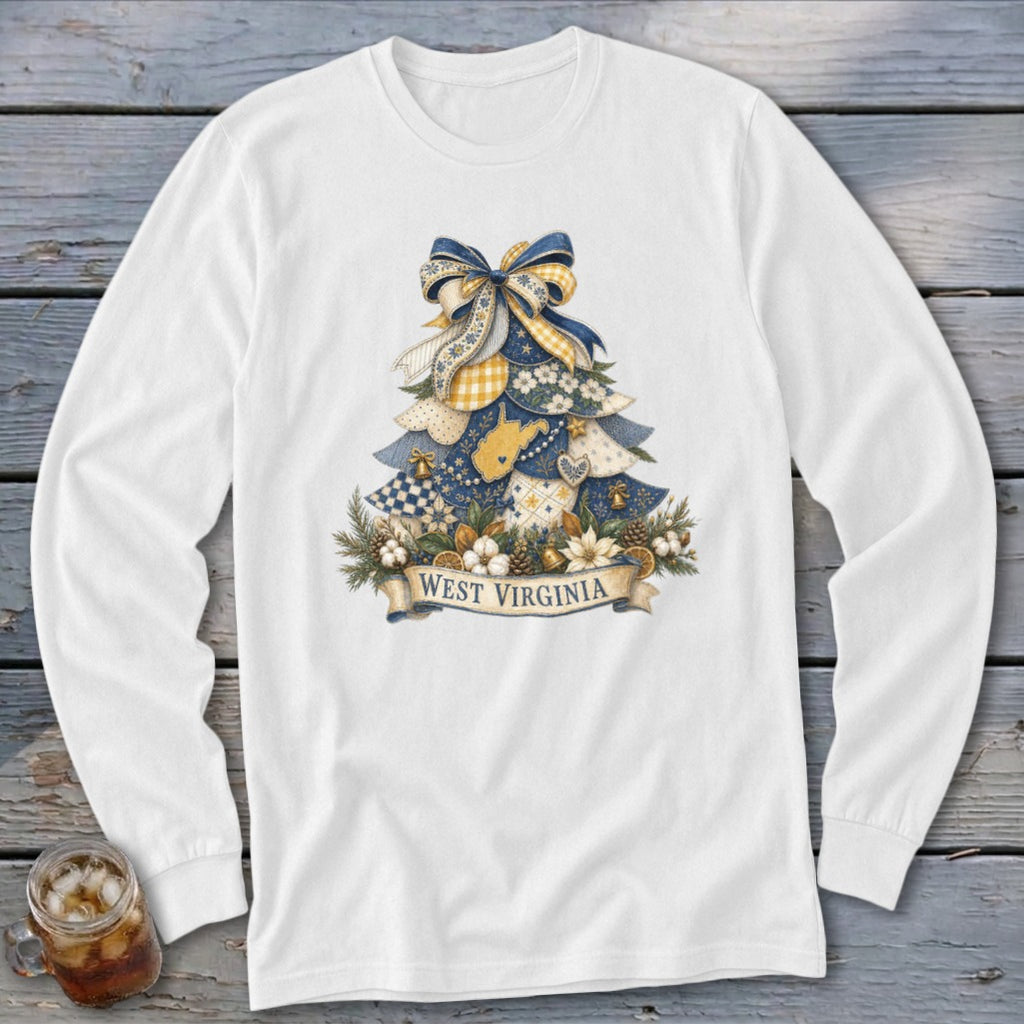 West Virginia Faux Patchwork Christmas Tree Long Sleeve Tee
