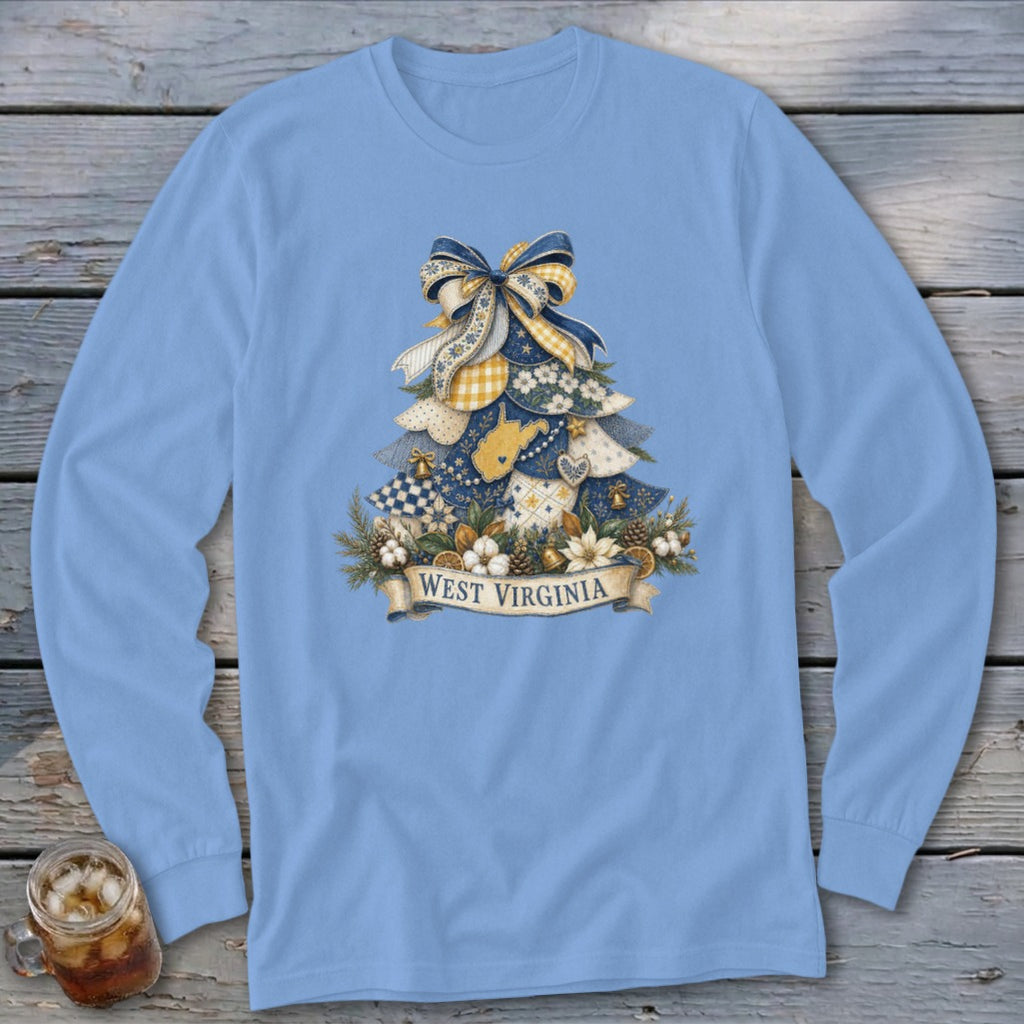 West Virginia Faux Patchwork Christmas Tree Long Sleeve Tee