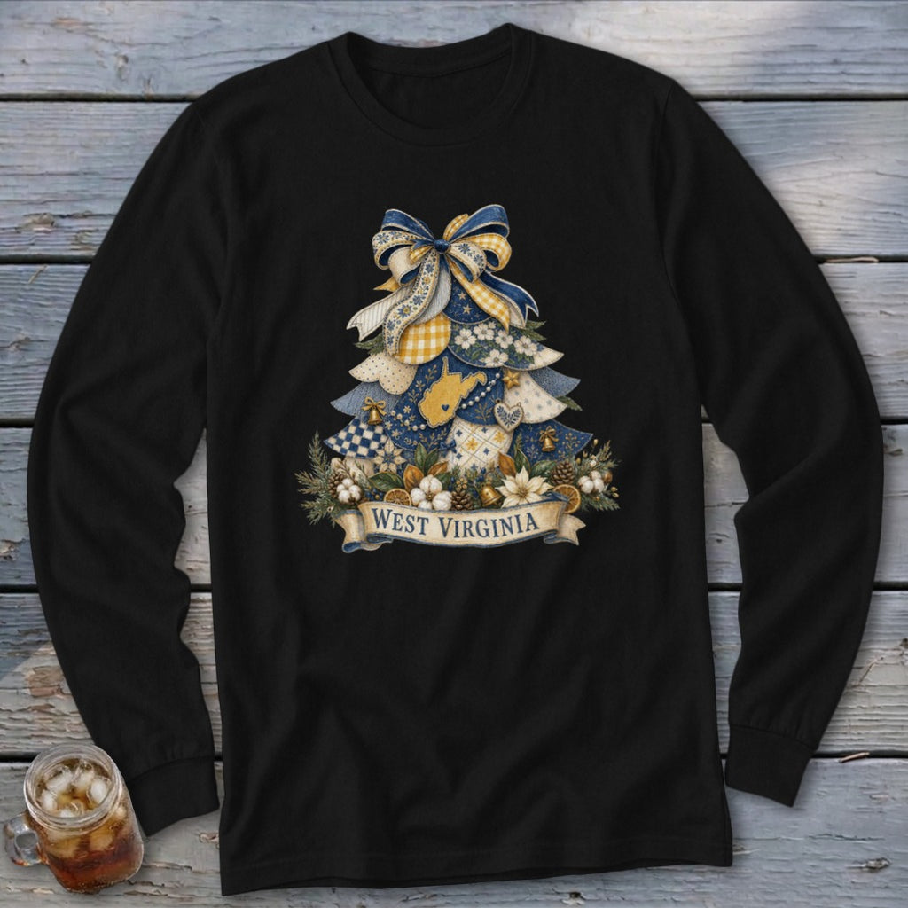 West Virginia Faux Patchwork Christmas Tree Long Sleeve Tee
