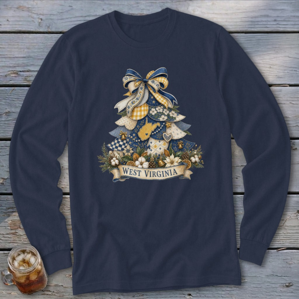 West Virginia Faux Patchwork Christmas Tree Long Sleeve Tee