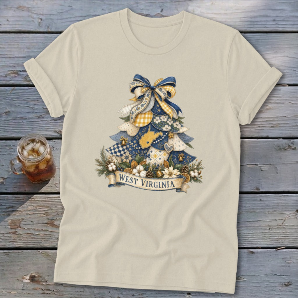 West Virginia Faux Patchwork Christmas Tree Softstyle Tee