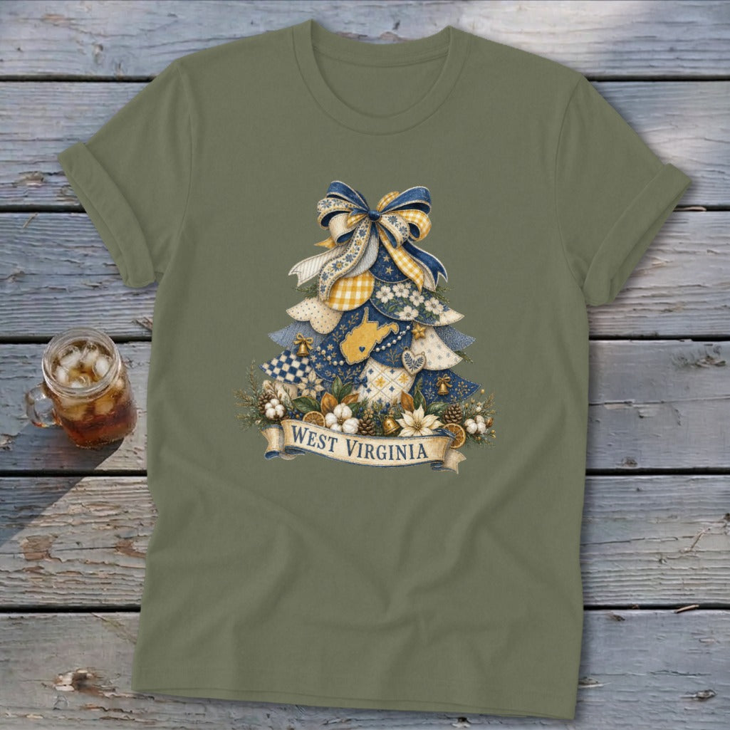 West Virginia Faux Patchwork Christmas Tree Softstyle Tee