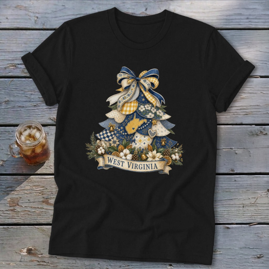 West Virginia Faux Patchwork Christmas Tree Softstyle Tee