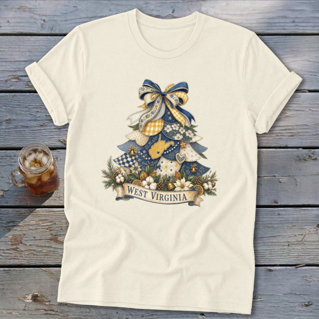West Virginia Faux Patchwork Christmas Tree Softstyle Tee
