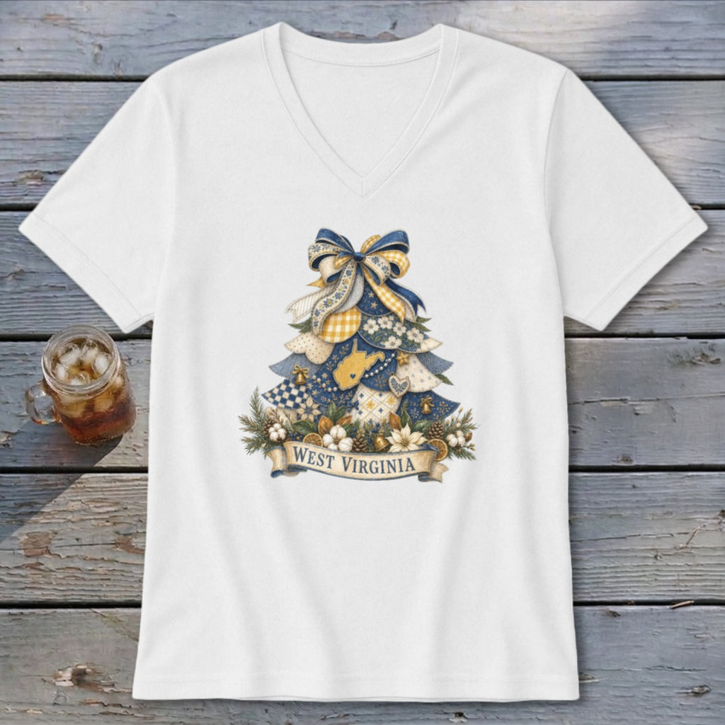 West Virginia Faux Patchwork Christmas Tree V-neck