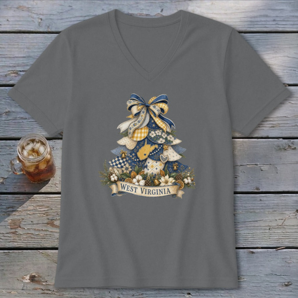 West Virginia Faux Patchwork Christmas Tree V-neck