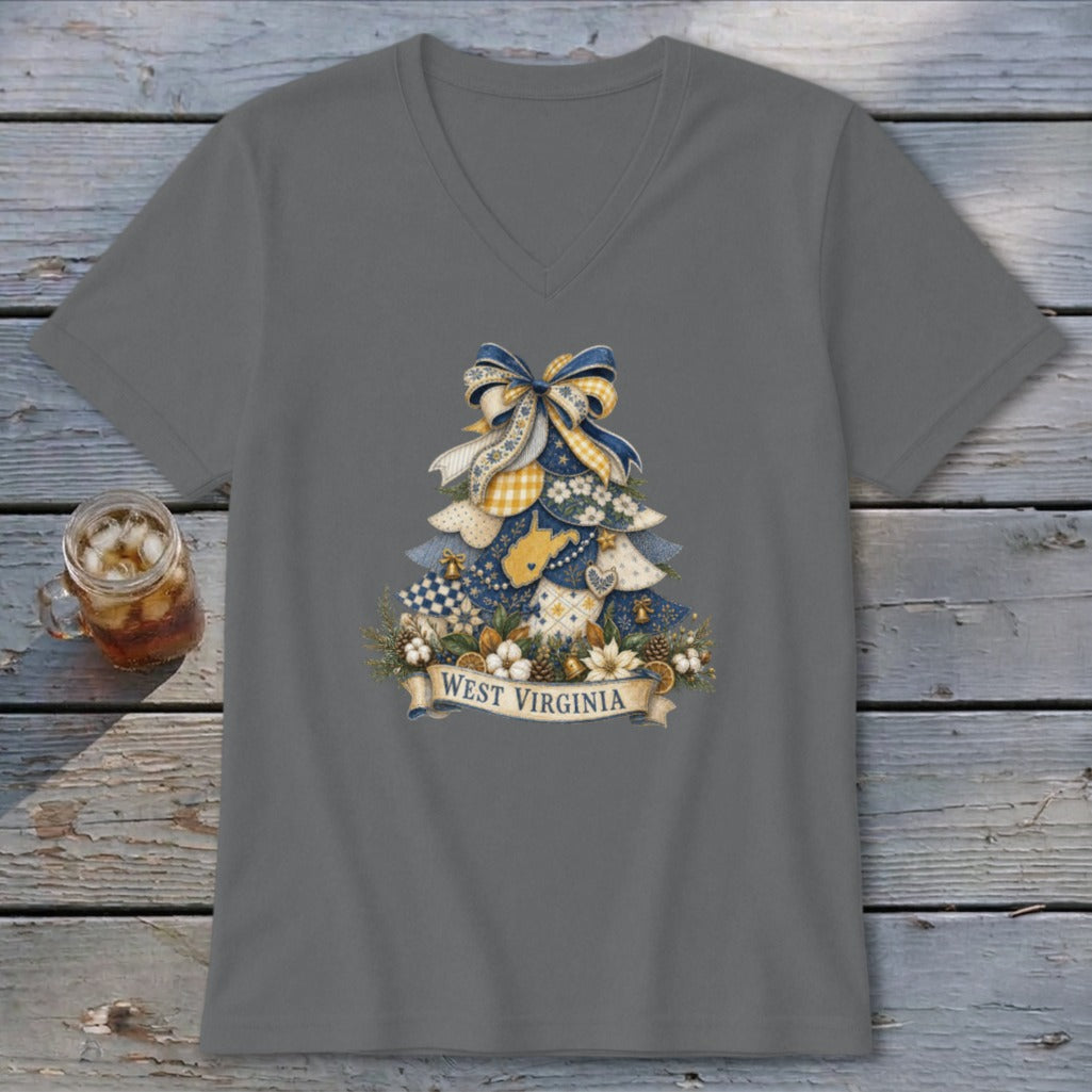 West Virginia Faux Patchwork Christmas Tree V-neck