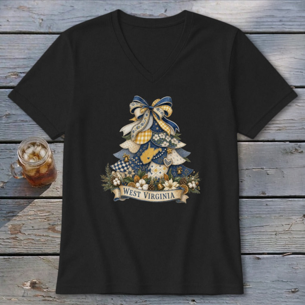 West Virginia Faux Patchwork Christmas Tree V-neck