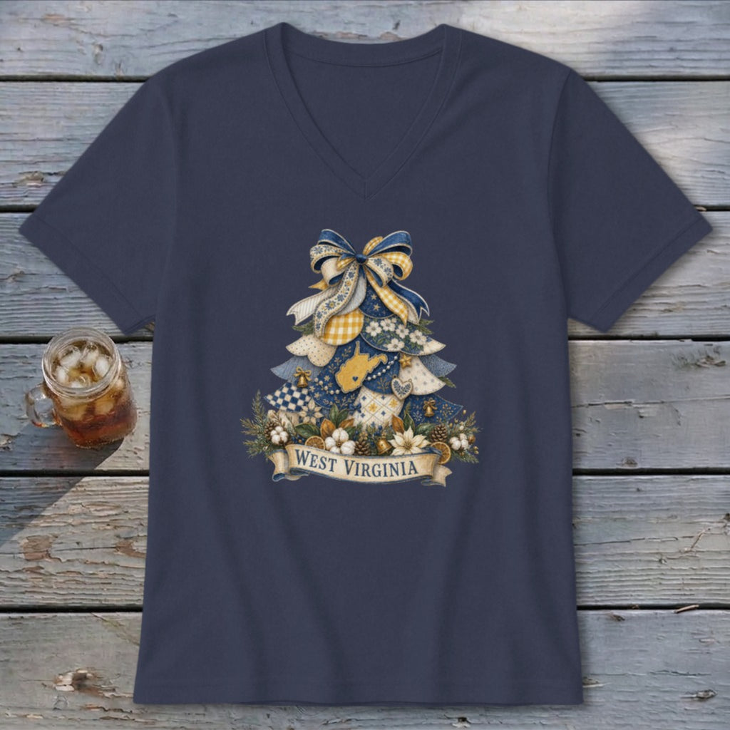 West Virginia Faux Patchwork Christmas Tree V-neck