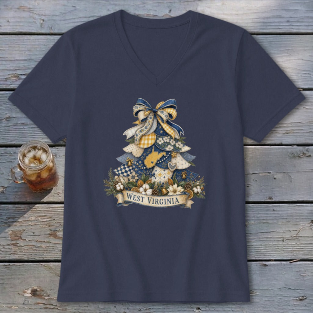 West Virginia Faux Patchwork Christmas Tree V-neck