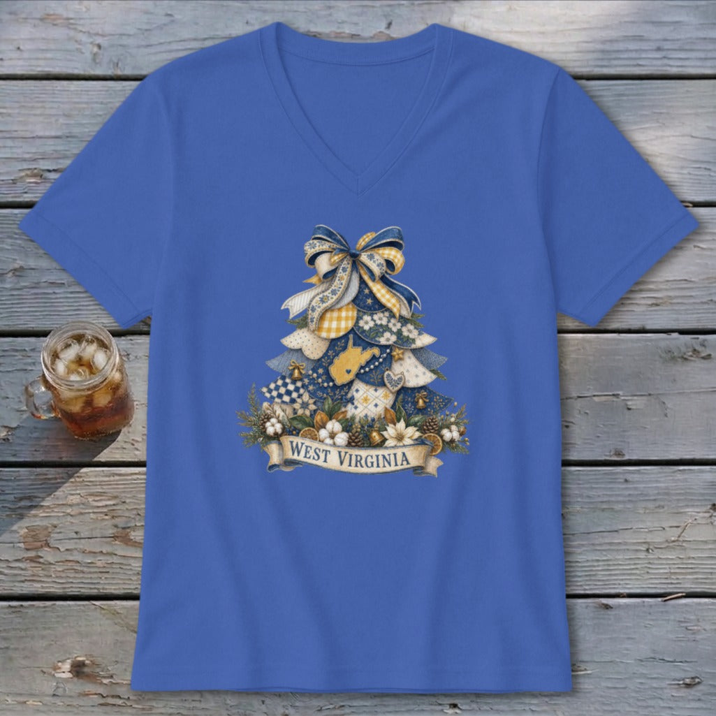 West Virginia Faux Patchwork Christmas Tree V-neck