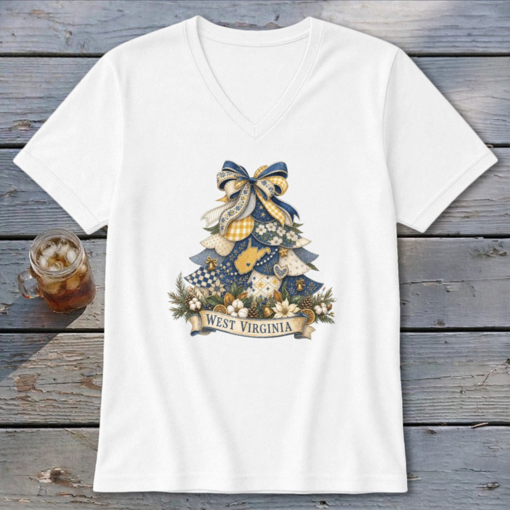 West Virginia Faux Patchwork Christmas Tree V-neck