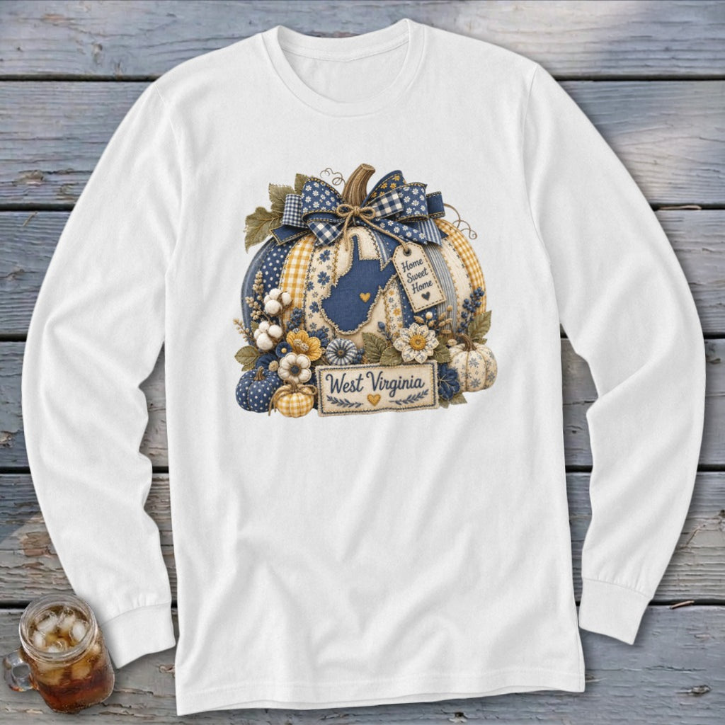 West Virginia Faux Patchwork Pumpkin Long Sleeve Tee