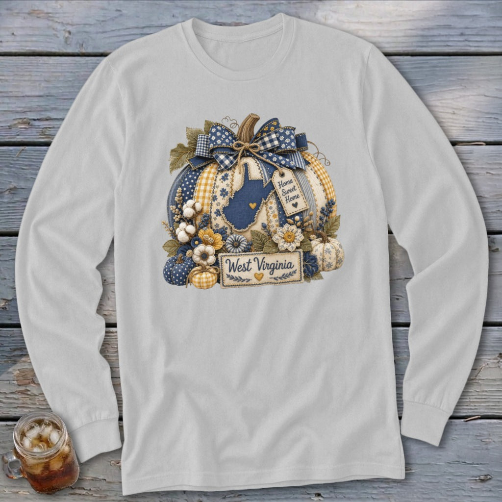 West Virginia Faux Patchwork Pumpkin Long Sleeve Tee