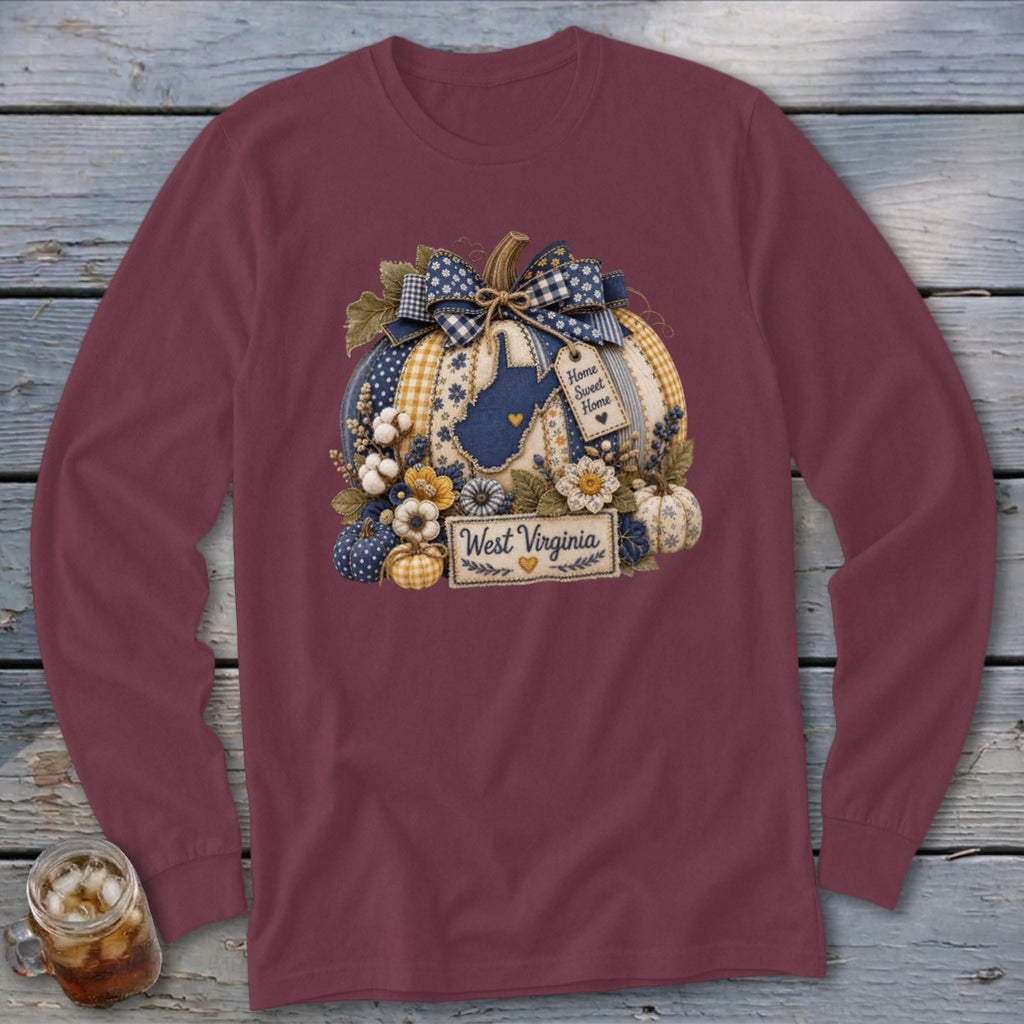 West Virginia Faux Patchwork Pumpkin Long Sleeve Tee