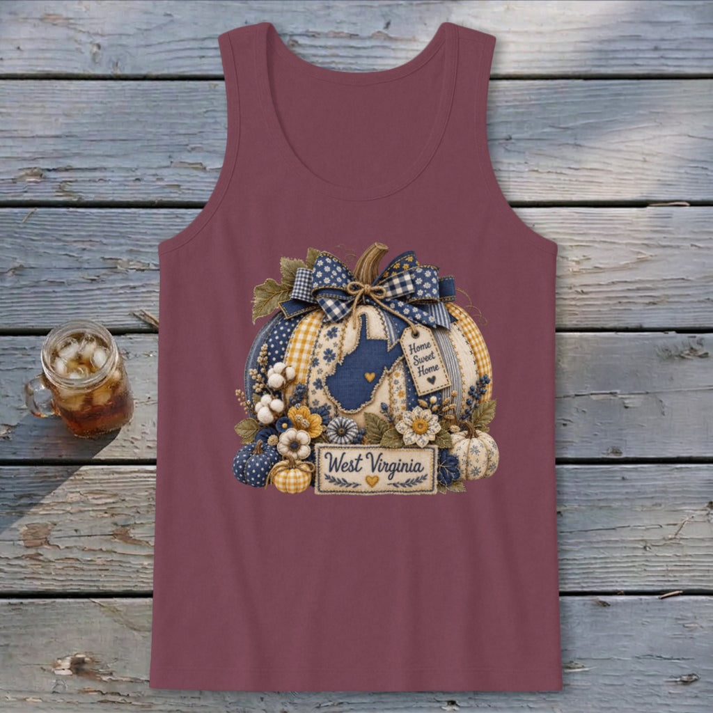 West Virginia Faux Patchwork Pumpkin Tank Top