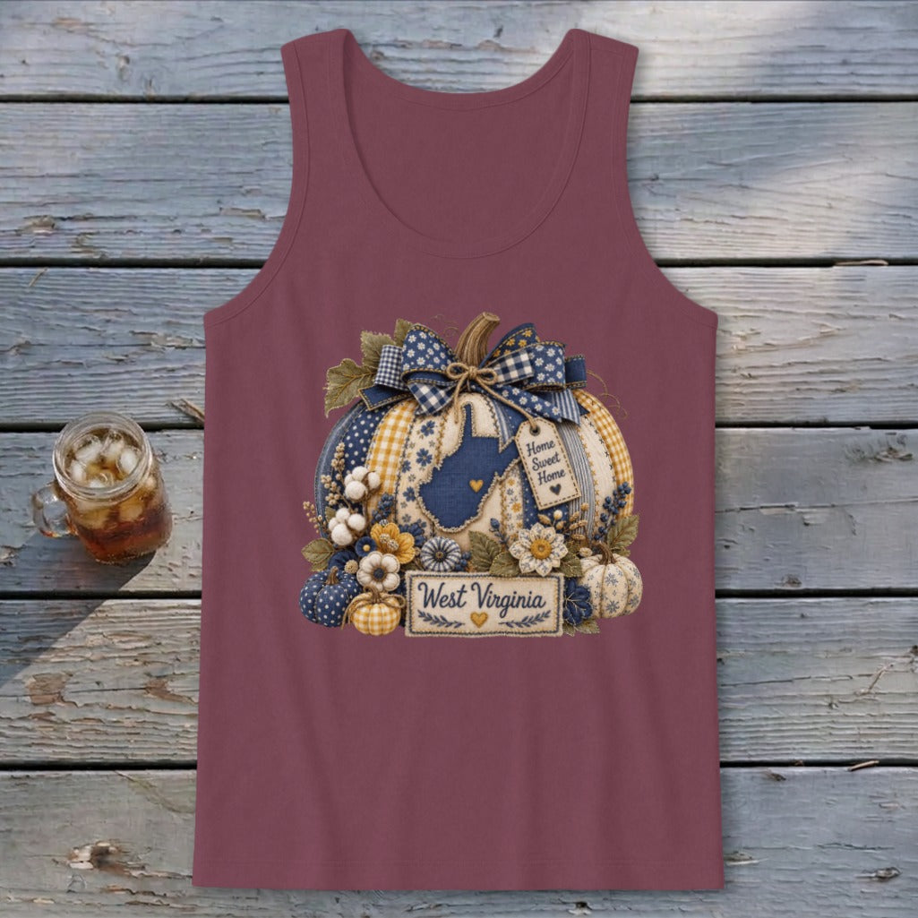 West Virginia Faux Patchwork Pumpkin Tank Top