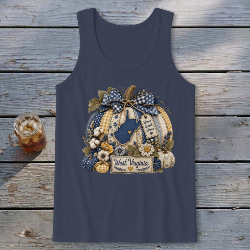 West Virginia Faux Patchwork Pumpkin Tank Top