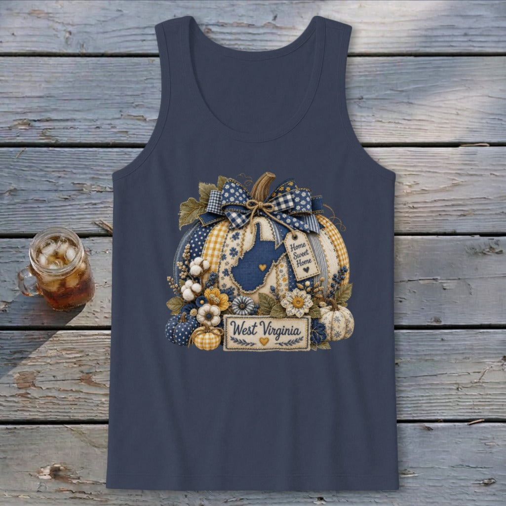 West Virginia Faux Patchwork Pumpkin Tank Top