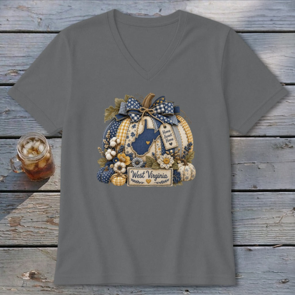 West Virginia Faux Patchwork Pumpkin V-neck
