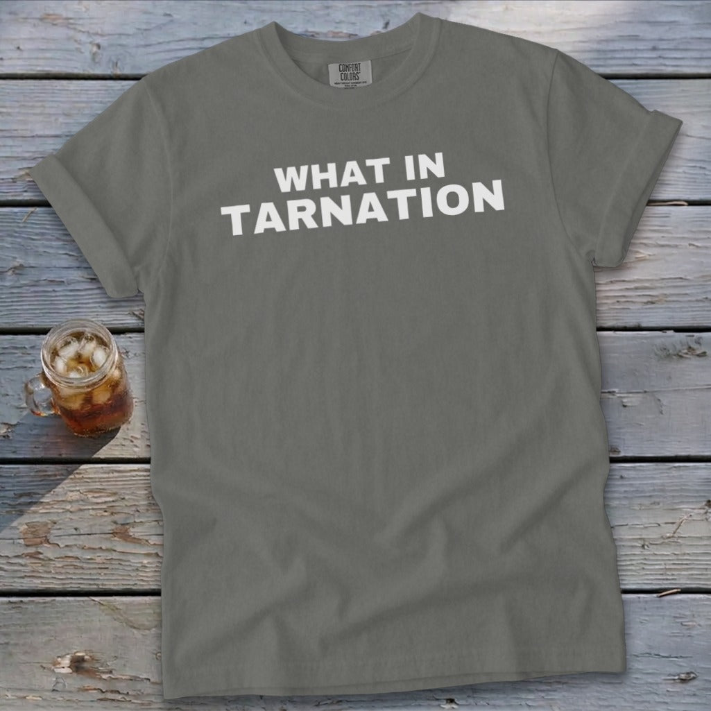 Grey t-shirt with white text that reads "WHAT IN TARNATION".