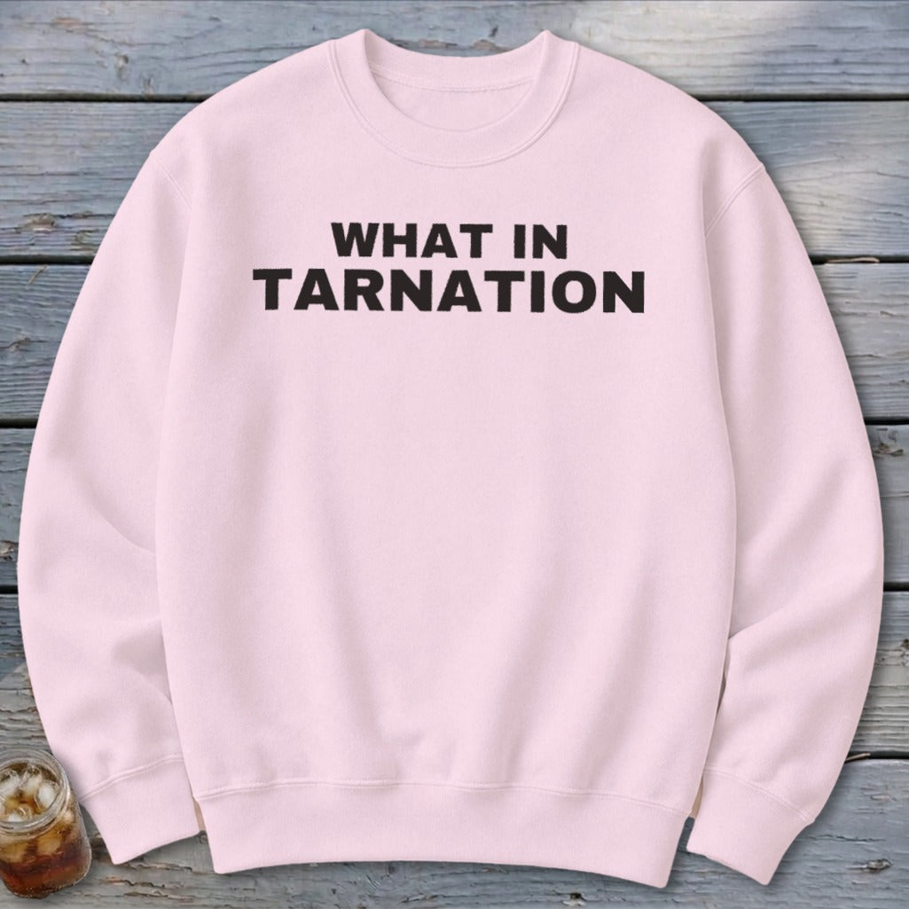 Pink crewneck sweatshirt with "WHAT IN TARNATION" in black text.