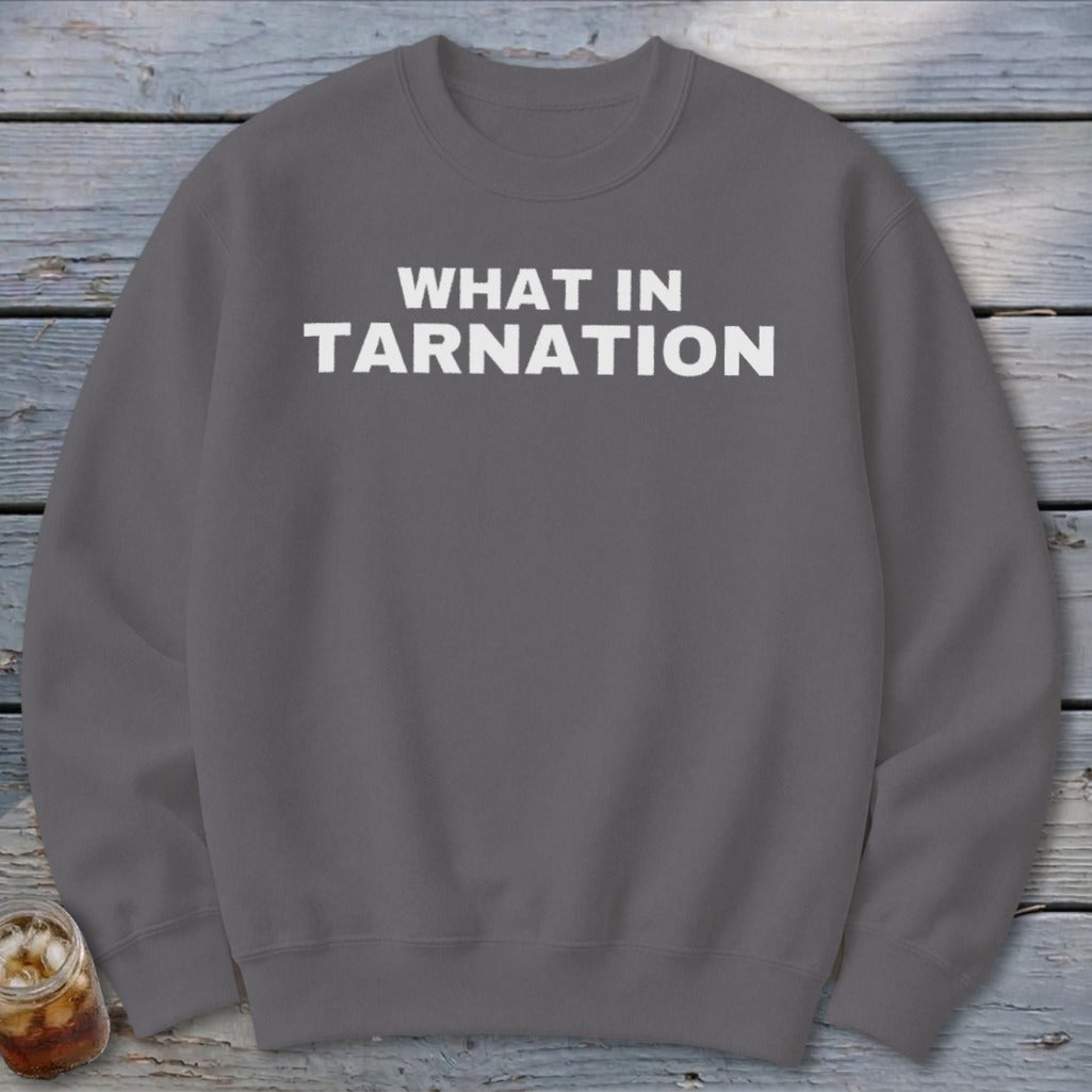 Gray sweatshirt with "WHAT IN TARNATION" text printed in white.