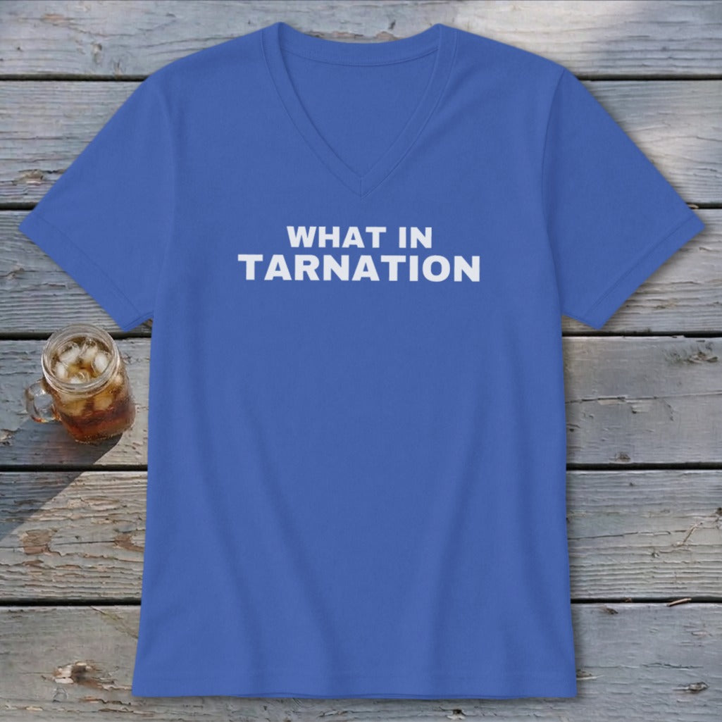 Blue v-neck t-shirt with white text that reads "WHAT IN TARNATION".