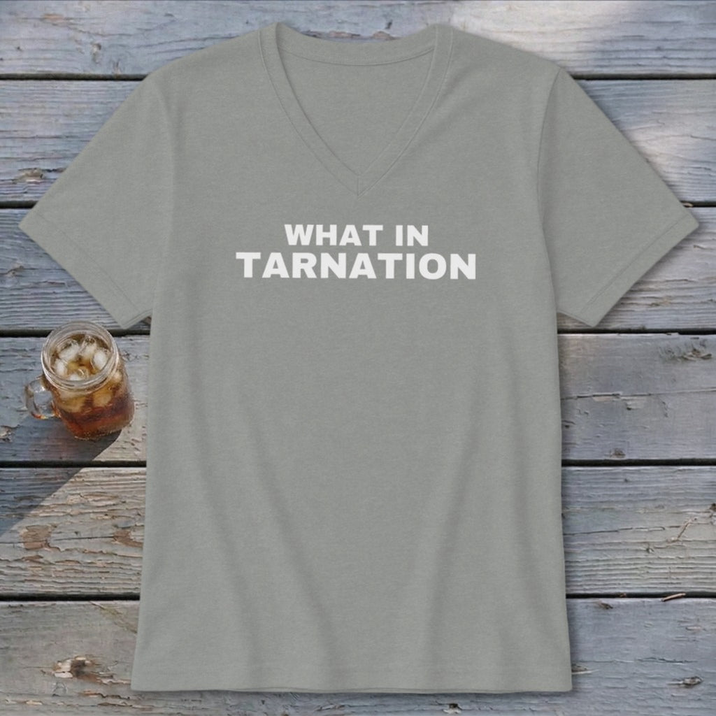 Grey v-neck t-shirt with "WHAT IN TARNATION" text, next to a mason jar drink.