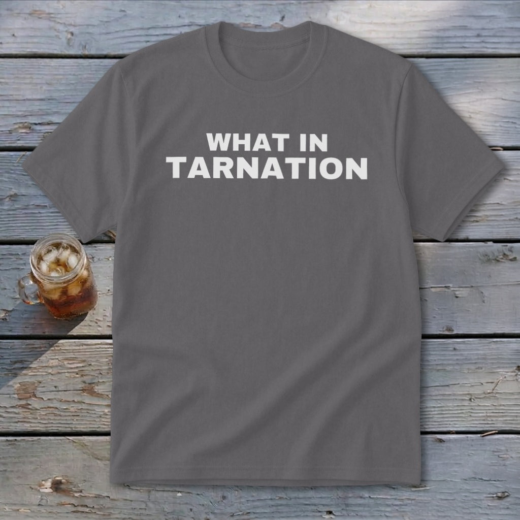 Gray t-shirt with white text that reads "WHAT IN TARNATION".