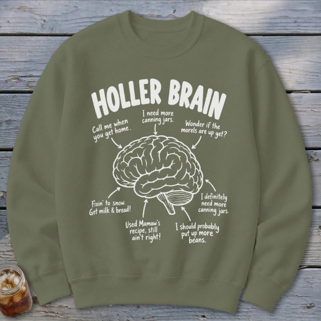 Olive green sweatshirt with "Holler Brain" text and a diagram of a brain with humorous captions.