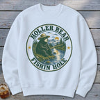 White sweatshirt with a circular graphic of a bear fishing in a stream.