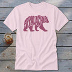 Light pink t-shirt featuring a maroon bear graphic with the word Appalachia inside.