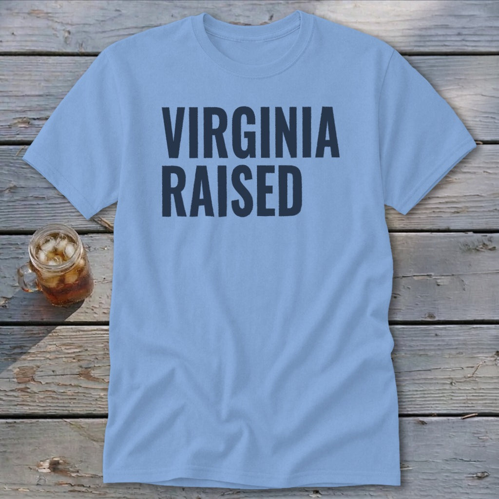 Light blue t-shirt with "VIRGINIA RAISED" in dark blue text.