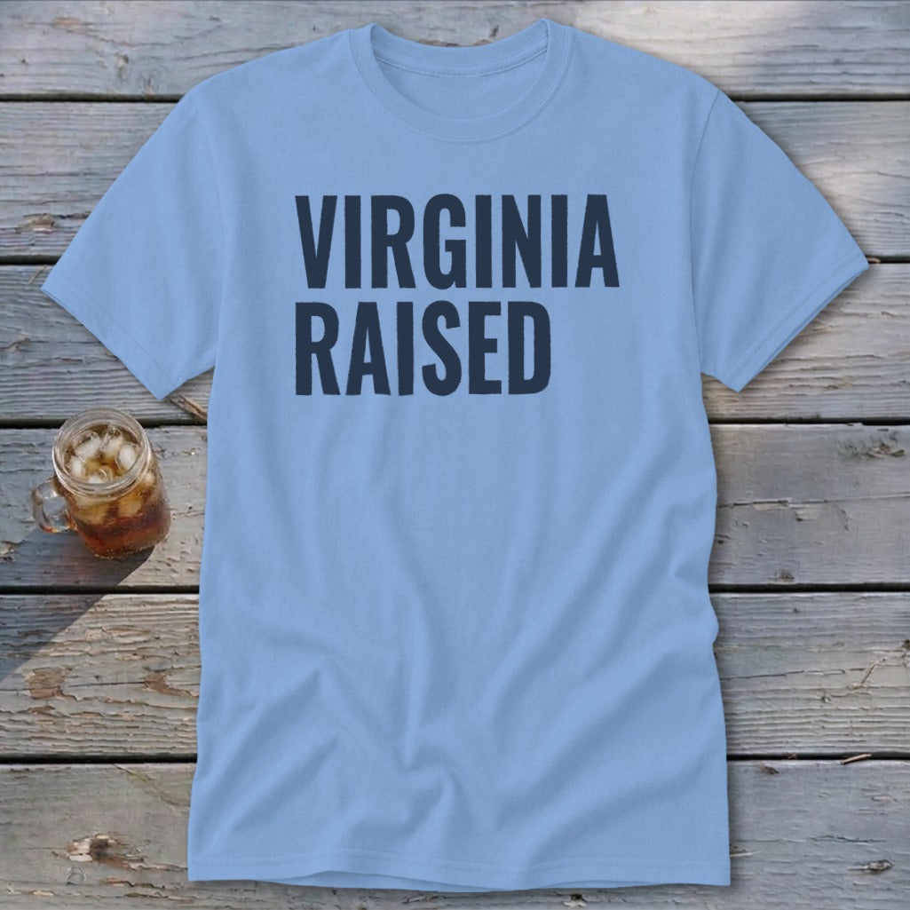 Light blue t-shirt with "VIRGINIA RAISED" in dark blue text.